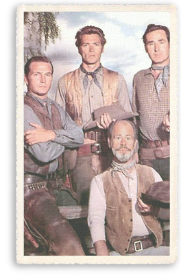 The cast of 1950s classic Western TV series Rawhide. Left to right: Eric Fleming, Clint Eastwood, Paul Brinegar, and Sheb Wooley.